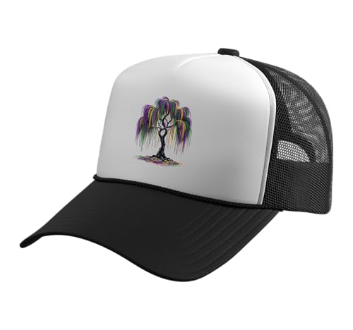 Mardi Gras Beads Tree Fun Festive NOLA New Orleans Trucker Hat with Adjustable Mesh Back, Black/White