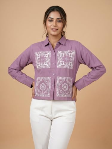 Image of Stylish Women's Embroidered Shirts | Geometric Pattern Half Sleeve Collared Button-Up Casual Shirt for Women