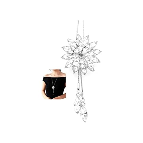 Sither Cathercing Rhinestone Lotus Floral Pendant Long Necklace Cover