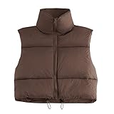 Century Star Brown Puffer Vest Women Girls - Cropped Fall Winter Outerwear Puffy 2025 Quilted Top Jacket Coat Gilet Sleeveless Zip Small