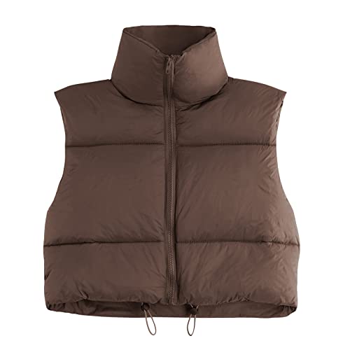 Century Star Brown Puffer Vest Women Girls - Cropped Fall Winter Outerwear Puffy 2025 Quilted Top Jacket Coat Gilet Sleeveless Zip Small