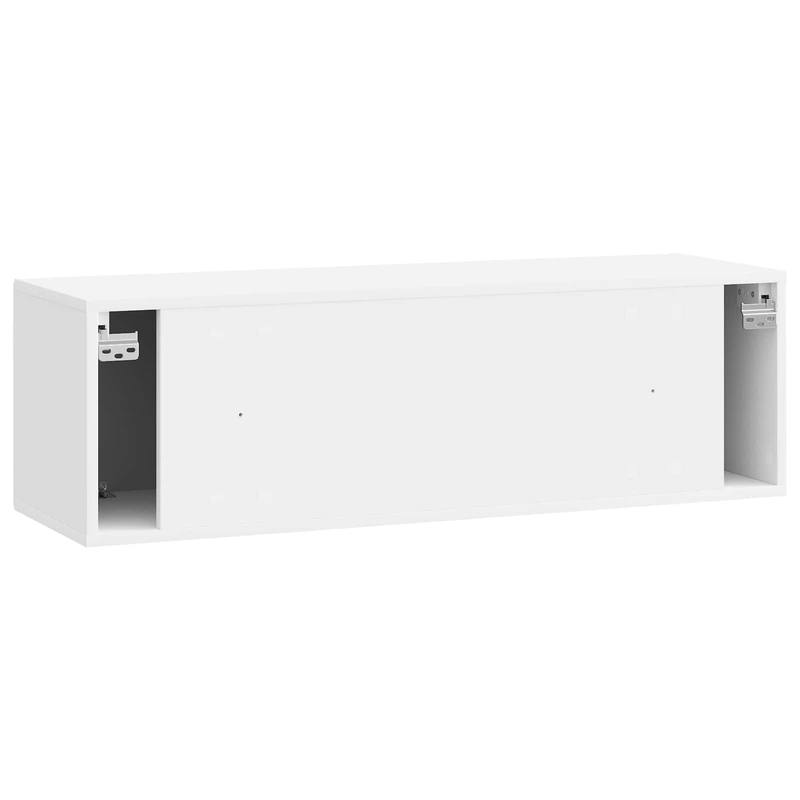Mueble para TV montado en la pared, color blanco brillante, 98 x 31 x 30 cm, moderno mueble bajo de madera para salón, mueble de TV colgante con 2 puertas giratorias y espacio de