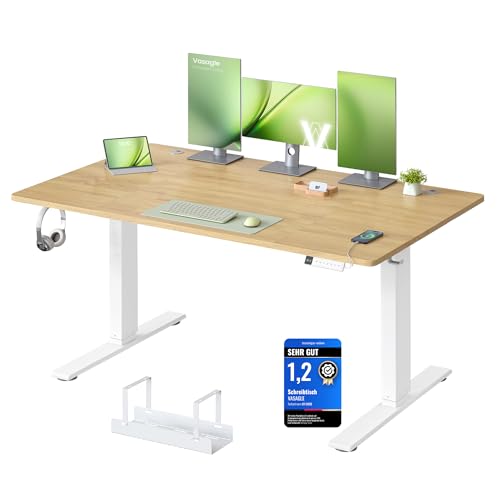 VASAGLE Höhenverstellbarer Schreibtisch 140 x 80 cm USB-C-Anschluss Ablage für Steckdosenleiste Stehtisch Erinnerung bei langem Sitzen 3 Speichertasten für Büro goldeichenfarben LSD144YA02