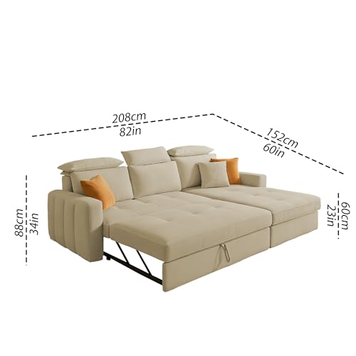 Image of Casaliving Gagnon RHS 4 Seater L Shape Corner Sofa Cum Bed for Living Room (Cream Fabric) Premium Fabric Sofa Cum Bed