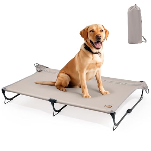 CANINE CANYON Daisy Cot, Large Foldable Elevated Dog Bed, Portable Raised Outdoor Folding Dog Cot, Cooling, Chew Proof, Waterproof, Heavy Duty Up to 160 Lbs for Camping/Home, Brown, 43"x27"x7”