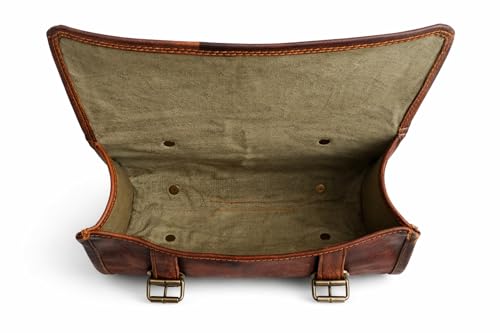 Image of american blue Vintage Genuine Goat Leather Motorcycle Bag 2 Strap Buckle Closure Brown Tool Bag Quick Release Reinforced Handlebar Fork Leather Bike Bag (Pattern 10)
