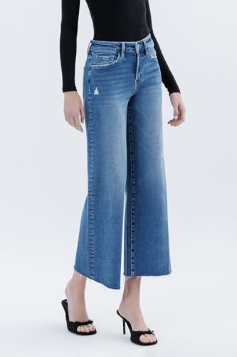 VERVET High Rise Raw Hem Ankle Wide Leg Jeans V36672