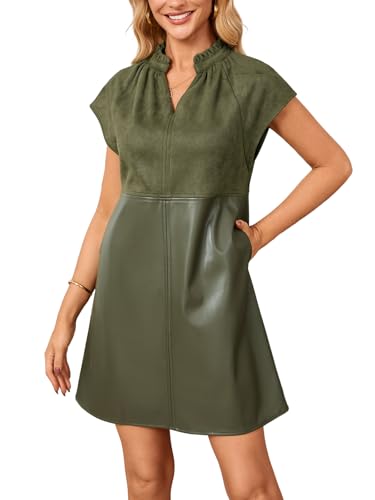 EZAPINE Women’s Faux Suede Mini Dress Fall Cap Sleeve V-Neck Faux Leather Dress Green L
