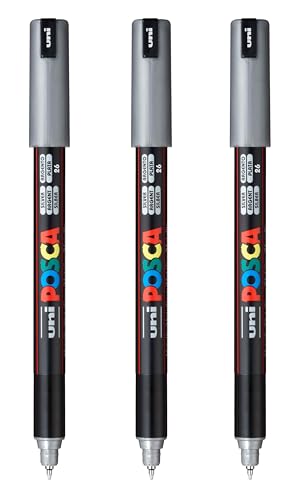 posca PC-1MR Water-Based Paint Markers, Extra Fine Tip (0.7mm), Silver, 3 Count