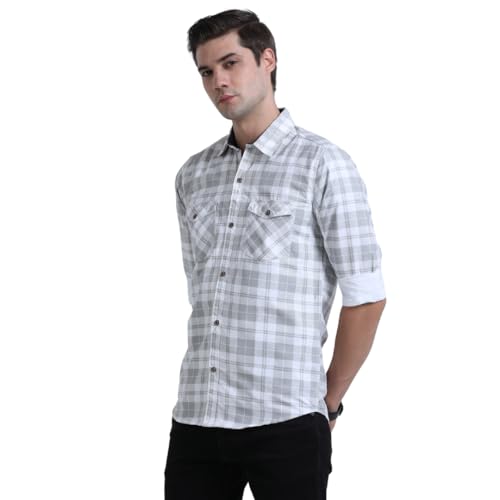 Image of Rocket Science Men's Cotton Blend Slim Fit Double Pocket Checked Casual Shirt.