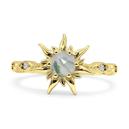 OMRANII Sun Ring Round Shaped Natural Green Moss Agate Vintage Style Marquise Design Nature Inspired Wedding Enaggement Ring Solid 925 Sterling Silver