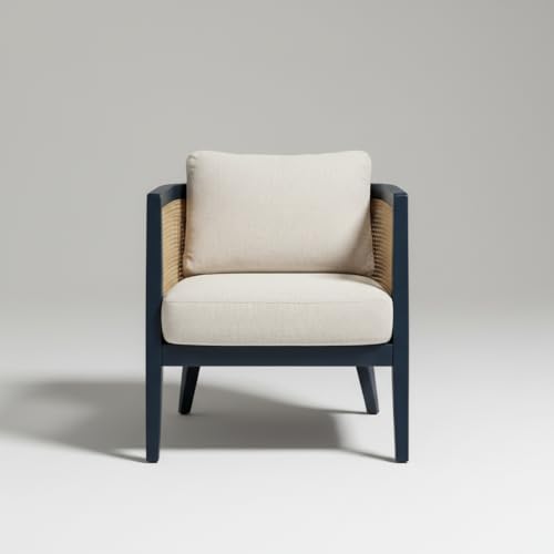 Image of APRODZ Solid Wood Accent Chair for Living Room Mid Century Modern Wooden Upholstered Armchair with Cushion Lounge Chair Cane Back Wooden Frame for Living Room Bedroom Office Seating (Navy Blue)