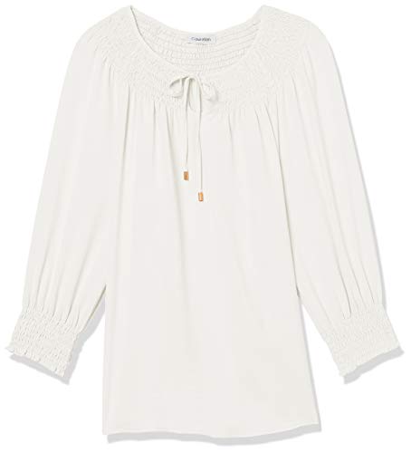 Calvin Klein Women's Smocked Long Sleeve Blouse with Tie, Soft White, Medium