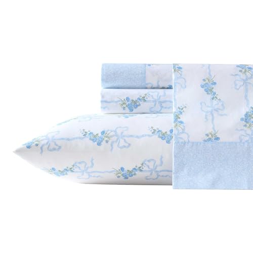 Image of Laura Ashley - Queen Size Sheet Set, Crisp & Lightweight Cotton Percale Bedding with Fitted Sheet and Pillowcases, Floral Room Decor, Deep Pocket, College Dorm Room Essentials (Floral Ribbon Blue)