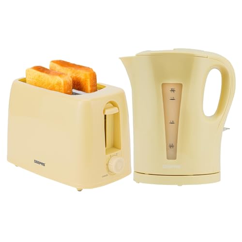 Geepas Electric Kettle & 2 Slice Bread Toaster Kitchen Combo Set | 2200W 1.7L Cordless Jug Kettle Boil Dry Protection & Auto Shut Off | 650W 6 Level with Browning Control & Crumb Tray | Beige
