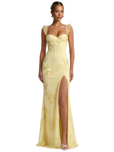 TXDBB Tulle Floral Light Yellow Prom Dresses for Teens with Slit Mermaid Embroidery Lace Long Formal Cocktail Dress Size 0