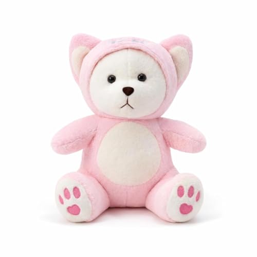 Image of ELITE CREATIONS Plush Teddy Bear, Pink, Soft Stuffed Animal, 45 cm, Hooded Costume, Paw Print Details (Hoodie Bear)
