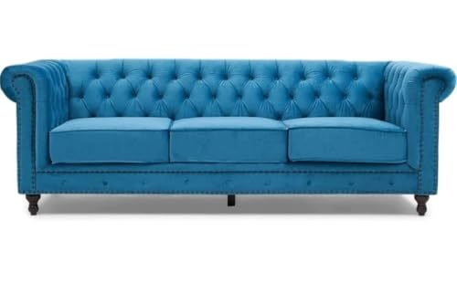Image of Modern and Stylish 3 Seater Chesterfield Luxury Sofa with Valvet and Fabric Comfortable Sofa for Living Room, Dining Room, Hallway, and Office-(Ocean Blue).
