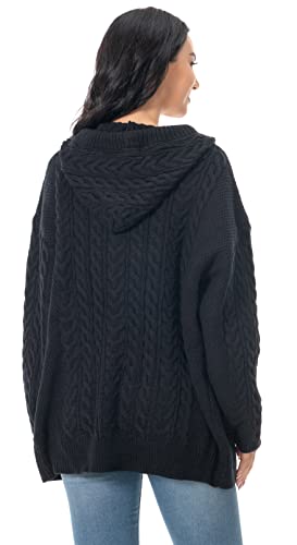 Image of Shineflow Women Hooded Cardigan Oversized Slouchy Zipper Cable Knit Cardigan Coat Solid Color Sweater Casual Knit Knitwear