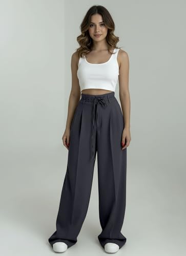 Image of Aahwan OffWhite Solid High Fabric Belt Waist Straight Korean Loose Pleated Wide Leg Trouser for Women's & Girl's