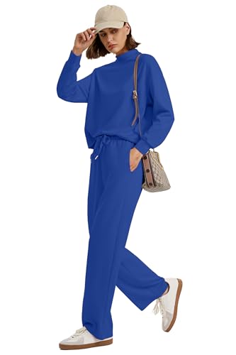Image of WIHOLL Two Piece Sets for Women Fall Outfits Lounge Sets Mock Neck Tops Wide Leg Pants Vacation Travel Airport Outfits