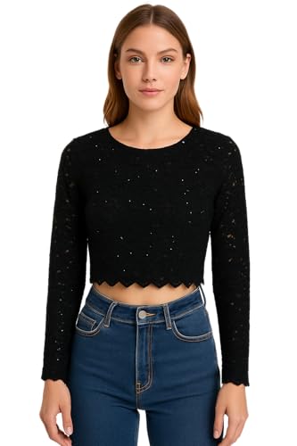 Image of ICW Women Long-Sleeves Round Neck Mesh Floral Flocking Crop Top T-Shirt DN8866