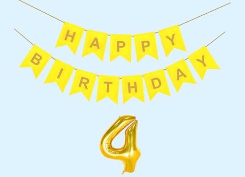 Image of 4th Happy Birthday Decoration Kit Yellow for 4 year Old Boys Girls Baby with Number Four Party Decorations Decor Celebration Items Item Set Combo Reusable Paper Banner