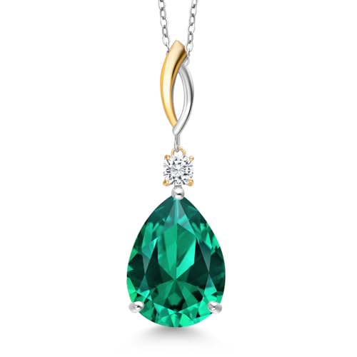 Gem Stone King 9.57 Cttw Green Nano Emerald and White Moissanite Pendant Necklace for Women | 925 Silver and 10K Yellow Gold | Gemstone May Birthstone | Pear Shape 18X13MM | With 18 Inch Chain
