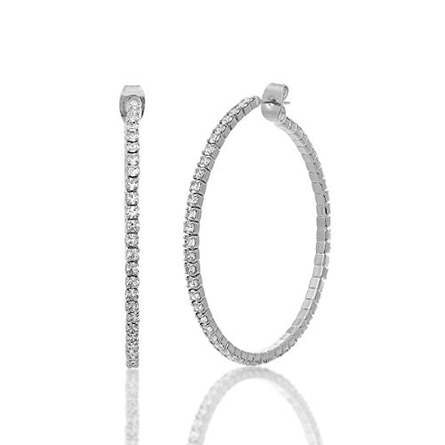 Earrings For Women – Rhinestone Hoop Earrings - Silver Plated – Sparkling Genuine Crystals – 1.5” Hoops - Bridal, Wedding, Prom, Party, Pageant, Evening Wear, Urban, Casual - Gift Box Included #TOP18