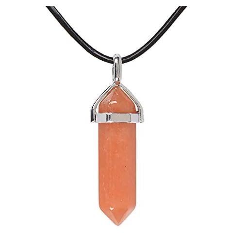 Justinstones Natural Orange Aventurine Gemstone Hexagonal Pointed Reiki Chakra Pendant Genuine Leather Necklace 18 Inch Cover