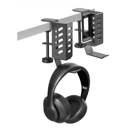 SKYROSEXSDCT Adjustable Desk Side Laptop Holder with Headphone Stand - No Drill Clamp Organizer for Laptops, Tablets, Keyboards (Black) - Sturdy Steel & Silicone Pad Protection
