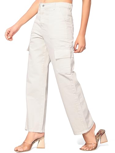 Image of ELLITI Women's 6 Pocket Regular Fit High Rise Relaxed /Boyfriend Fit, Wide Leg, Bell Bottom, Pure Denim Ankle Length Jeans Pants