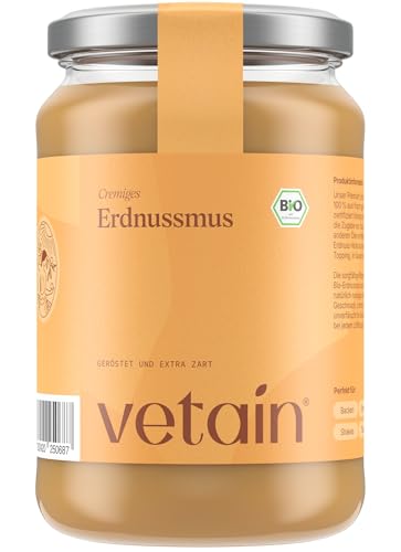 VETAIN Bio Erdnussmus Cremig 500g - 100% Bio-Erdnüsse - vegane Erdnussbutter - reich an Protein & Ballastoffen - ohne Zucker & Palmöl - perfekt als Topping für Müsli, Porridge oder als Brotaufstrich