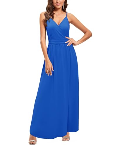 Image of Newshows Women's 2026 Spring Summer Maxi Dress Oversized Boho V Neck Spaghetti Strap Casuales Beachy Vacation Outfits Long Midi Dresses Trendy(Cerulean Blue, S)
