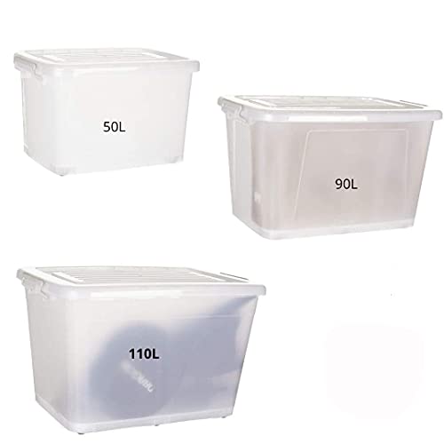NOW & ZEN Large Plastic Containers Set Multipurpose Stackable Storage Boxes with Lid, Handles, & Wheels | Semi-Transparent, Set of 3 (50L, 90L, 110L)