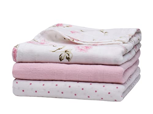 Image of 3 Pack Cotton Muslin Swaddle Blankets for Baby, 40 inch x 36 inch, Lightweight, Breathable, Pink (Little Me Vintage Rose)