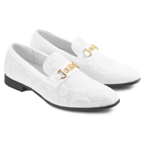 Jionrini Men's Luxury Penny Slip-on Loafer Classical Paisley Pattern Velvet Dress Shoes Designer Gold-Buckled Smoking Slipper Party Prom Wedding White Size 12