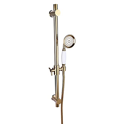 Barra deslizante de ducha ajustable de latón dorado con soporte de pared, incluye cabezal de ducha de mano y manguera, elegante y práctico riel elevador de ducha