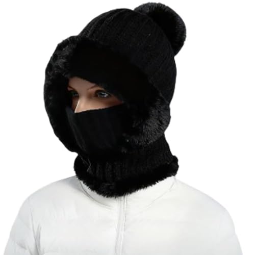3 in 1 Beanie Hat for Women, 3 in 1 Beanie Hat with Scarf and Mask, Fall Winter Warm Knitted Ski Scarf and Mask Set (Black)