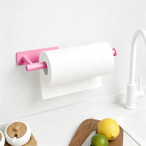 Image of Pink Paper Towel Holder, Self Adhesive Paper Towels Roll Holders Under Cabinet, Stainless Steel Wall Mount Towel Paper Holder for Kitchen, Bathroom