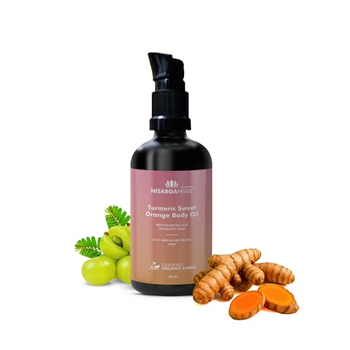 Image of SONARK'S NISARGA HERBS Turmeric & Sweet Orange Body Oil (100ml) - Rejuvenating & Hydrating Natural Moisturizer for Oily & Sensitive Skin - Promotes Even Tone, Collagen Support & Healthy Glow