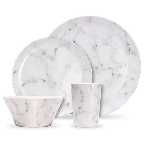 VonShef Melamine Dinnerware Set, 16Pc Marble Print Dinner Set Including 4 Dinner Plates, Side Plates, Bowls & Tumblers for Picnics, Camping & BBQs, Easy Clean Dishwasher Safe Plastic Tableware