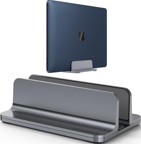 YICOSUN Aluminum Vertical Laptop Stand for Desk - Adjustable Width Dock for MacBook Surface Samsung HP Dell up to 17.3 inches - Space-Saving & Protective Design - Gray