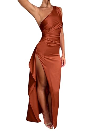 EFOFEI Mujeres Asimétrico Hem Clubwear Sexy Sedoso Satinado Backless Strap Dress Cocktail Wedding Party Maxi Dress Marrón L