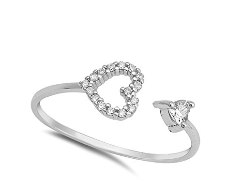 Open Adjustable Heart Clear CZ Promise Ring .925 Sterling Silver Band Sizes 4-102