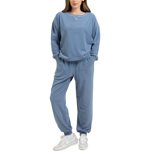 Winthome Women's 2-Piece Fleece Sweatsuit Set, Fashion Ladies Tracksuit Set Outfits Baggy Sweatpants with Pocket & Drawstring, Warm Loungewear Women's clothing for Travelling Outdoor Sport Blue S