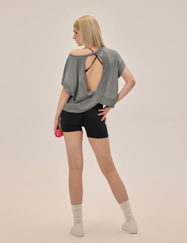 Image of UNIANKIYA Open Back Workout Tops for Women Loose Fit Athletic Crop Tee Short Sleeve Gym Running Yoga Shirt