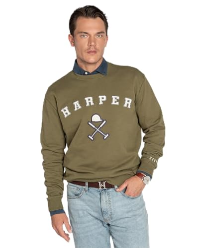 HARPER & NEYER Sudadera Retro Soft de Hombre en Color Verde Militar (FR/ES, Letras, L, Regular, Regular, Military Green)