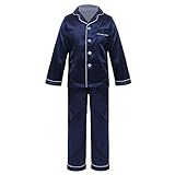 iEFiEL Zweiteiliger Jungen Mädchen Schlafanzug Satin Pyjama V-Ausschnitt Glatt Freizeitanzug Set Einfarbig Pyjamas kurz Top und Hose Sommer Loungewear Marineblau lang 128-140