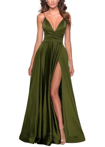 Image of Tvuyet Satin Bridesmaid Dresses with Slit Pleated A Line Spaghetti Straps Formal Prom Evening Gowns